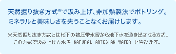 天然掘り抜き方式※で汲み上げ、非加熱製法でボトリング。ミネラルと美味しさを失うことなくお届けします。 ※天然掘り抜き方式とは地下の被圧帯水層から地下水を湧き出させる方式。この方式で汲み上げた水を NATURAL ARTESIAN WATER と呼びます。